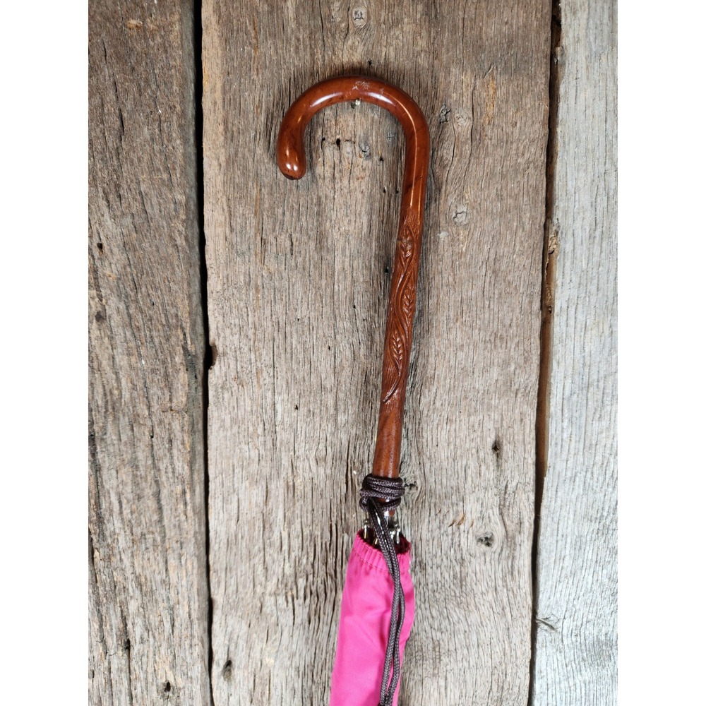 Vintage Umbrells Pink Carved Wood Handle Made in Taiwan